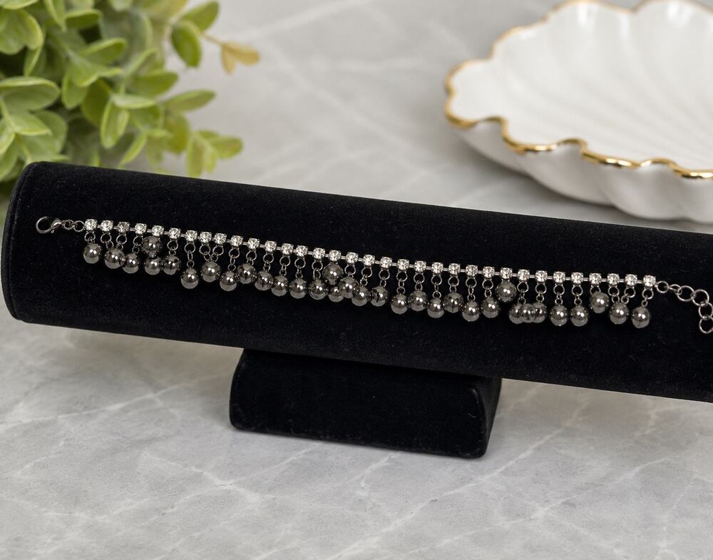 Gunmetal Rhinestone Dangle Charm Bracelet Adjustable 8.25”